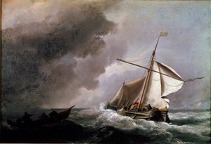 Navio holandês baixando velas esperando por um bote salva-vidas Pintura por Willem Van de Velde o jovem (1633-1707) 1660 Sol. 23,2x33,2 cm Londres, Galeria Nacional