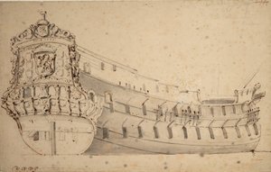Retrato do "Ridderschap", 66 canhões, do Almirantado do Maas, construído em 1666 e perdido no mar em 1690, c.1686 (grafite, lavagem cinzenta)