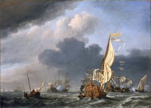 Iate com vento forte, tentando juntar-se a um grupo de navios holandeses, provavelmente a reunião da frota holandesa ao largo de Texel (Holanda) em 1672
