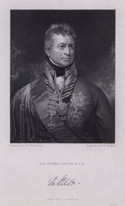 Sir Thomas Picton, general galês das Guerras Napoleónicas morto na Batalha de Waterloo (gravura) de William (after) Beechey