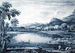 Uma Vista de Winander Meer perto de Ambleside, gravada por Chatelin e Muller de William (after) Bellers