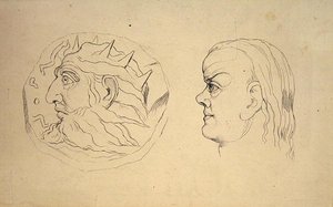 Anverso da moeda de Nabucodonosor e uma cabeça de Câncer, do "Tratado sobre Fisiognomia Zodiacal" de J. Varley, gravado por John Linell de William (after) Blake