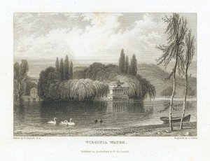 Virginia Water, Lago Surrey (Inglaterra), perto de Windsor, vista do pavilhão chinês rodeado de árvores numa ilha no centro do lago. Gravura de J. Lewis segundo William Daniell (1769-1837).