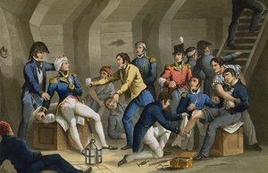 O Cockpit, Batalha do Nilo, mostrando Nelson ferido na batalha, gravado por Matthew Dubourg (fl.1813-20) de 