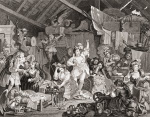 Tocadores de rua ensaiando em um celeiro, gravado por G Presbury, de The Works of Hogarth publicado em Londres 1833 (gravação a p/b)