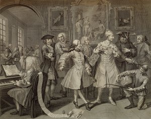 Tom Rakewell rodeado por artistas e professores, placa II de The Rake