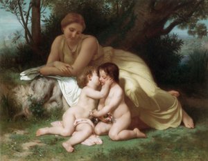 Mulher jovem contemplando duas crianças que se abraçam de William Adolphe Bouguereau