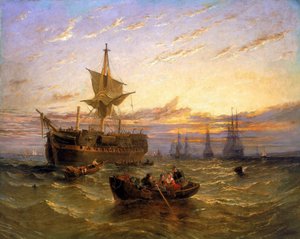Navio comercial britânico das Índias Orientais no Tamisa (Inglaterra). Óleo sobre tela de William Adolphus Knell (1802-1875).