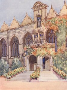 Entrada do Oriel College Hall, com as estátuas da Virgem e do Menino, de Eduardo II, o fundador nominal do colégio, e de Carlos I, em cujo reinado foi construído o edifício (litografia a cores)