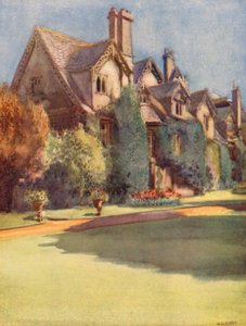 As "mansiones" no Worcester College; uma relíquia da sala dos monges beneditinos (litografia a cores)