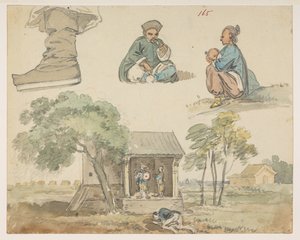 165 Estudos de figuras e santuário, de um Álbum de 372 desenhos de paisagens, costas, trajes e vida quotidiana feitos durante a embaixada de Lord Macartney no Imperador da China, entre 1792 e 1794 (lápis e aguarela sobre papel) de William Alexander