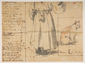 180 Gato, figura e lista da bagagem de Alexandre., de um Álbum de 372 desenhos de paisagens, litorais, trajes e vida cotidiana feitos durante a embaixada de Lord Macartney ao Imperador da China, entre 1792 e 1794 (lápis e aquarela sobre papel) de William Alexander