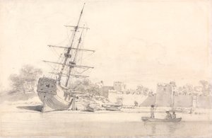 Um Pequeno Navio à Vela Desenhado na Costa abaixo de Alguns Edifícios Fortificados de William Alexander