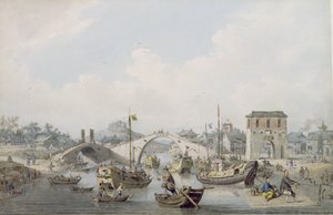 Barcos no rio em Suchow, China (wc sobre chumbo preto) de William Alexander