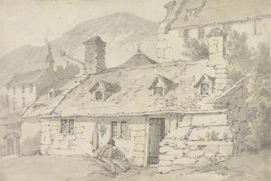 Casas de campo em pedra numa paisagem montanhosa com uma figura em primeiro plano de William Alexander