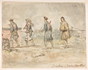 Seguidores em tempo chuvoso, de um Álbum de 278 desenhos de paisagens, costas, trajes e vida quotidiana feitos durante a embaixada de Lord Macartney no Imperador da China (lápis e aguarela sobre papel) de William Alexander