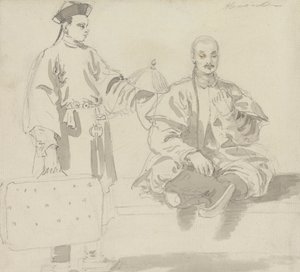 Duas figuras chinesas: Um vendedor de chapéus e um homem sentado de pernas cruzadas, fumando um cachimbo de William Alexander