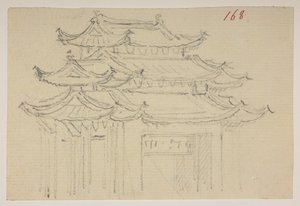 f.63 168 Templos, de um Álbum de 372 desenhos de paisagens, costas, trajes e vida quotidiana feitos durante a embaixada de Lord Macartney junto do Imperador da China, entre 1792 e 1794 (lápis e aguarela sobre papel) de William Alexander