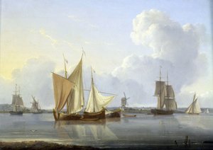 Chegada a Limehouse, Londres (Inglaterra), vários barcos no Tamisa e um moinho na margem e, à direita, o Hospital de Greenwich. Óleo sobre tela, cerca de 1820, de William Anderson (1750-1778). de William Anderson