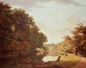 Caça no Rio Clodiagh na Floresta de Charleville, Offaly com a Fazenda Castellated e Gothick Dairy beyond, c.1810