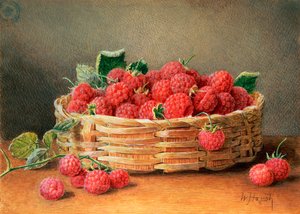 Uma vida ainda de framboesas em uma cesta de vime de William B. Hough