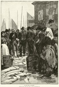 Uma venda de peixe em Whitby (gravura) de William Barnes (after) Wollen