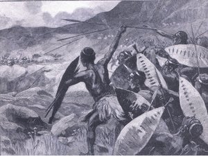 Lutando nas colinas de Matoppo: carga do Matabele, ilustração deCassells História da Inglaterra, 1900s de William Barnes Wollen