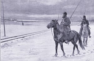 Guardando a ferrovia perto de Mukden, ilustração fromCassells História da Guerra Russo-Japonesa Vol 1, c.1900 de William Barnes Wollen
