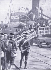Tropas japonesas embarcando em Kobe, ilustração deCassells História da Guerra Russo-Japonesa Vol 1, c.1900 de William Barnes Wollen