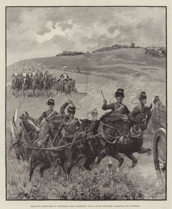 Manobras militares em Frensham, perto de Aldershot, artilharia de cavalo real galopando na posição de William Barnes Wollen