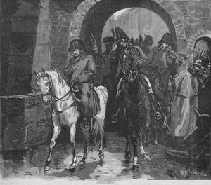 Napoleão fugiu com uma pequena suíte através do Portão de São Pedro, 1902 de William Barnes Wollen