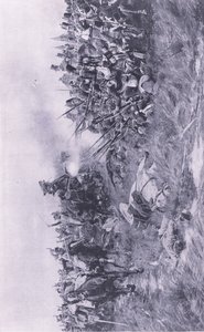O 28º Regimento de Gloucester recebe a cavalaria francesa em Waterloo 18 de junho de 1815, ilustração das Batalhas Britânicas na Terra e no Mar, 1915 de William Barnes Wollen
