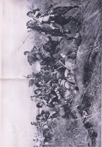 O relógio preto na batalha de Quatre Bras 16 de junho de 1815, ilustração de britânicos Battles on Land and Sea, 1915 de William Barnes Wollen