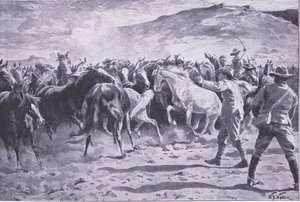 A captura dos cavalos no distrito de Brandwater, perto de Fouriesburg: arredondando a manada, ilustração de After Pretoria: The Guerilla War, 1902 de William Barnes Wollen