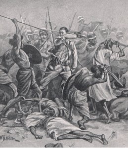 A praça em Abu-Klea, 17 de janeiro de 1885, ilustração da British Battles on Land and Sea, 1915 de William Barnes Wollen