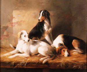 Três Cães de Caça em um Estábulo