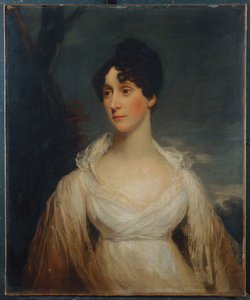 Retrato de uma senhora sentada, metade do comprimento, usando um vestido branco de William Beechey