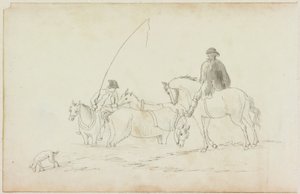 Dois homens a cavalo com dois cavalos e cachorro (lápis e aquarela (lavar) em papel (em papel com M751))