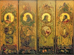 Uma tela de quatro folhas com retratos de Shakespeare, Milton, Chaucer e Spenser