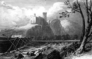 O castelo de Beaucaire e uma ponte de barcos sobre o Ródano, França, 1824.