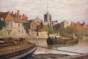 Maidstone, parte de trás do antigo palácio, da igreja e do antigo colégio do outro lado do rio Medway (litografia a cores) de William Biscombe Gardner