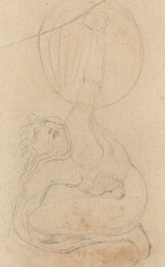 Uma figura agachada segurando um escudo [verso] de William Blake