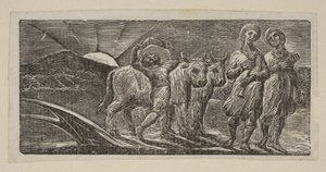 Menino retornando com alegria, com Arado e Bois, da Thorntons Pastorals of Virgil, 1821. de William Blake