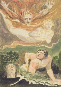 Quatro homens nus emergindo de seus elementos, prato 4 de &39;O Primeiro Livro de Urizen&39;, 1794 (gravura em relevo colorido com tinta e wc) de William Blake