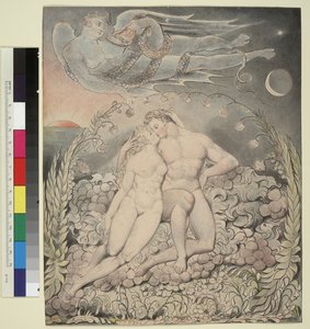 Ilustração 5 do "Paraíso Perdido" de Milton: Satanás a observar os esforços de Adão e Eva de William Blake