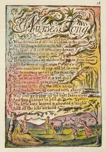 Canção da Enfermeira, ilustração de &39;Canções da Inocência e da Experiência&39;, (Bentley Copy L) pl.13 (Bentley 24) 1789-94 (gravura em relevo com caneta e wc no papel) de William Blake