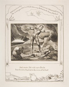 Satanás ferindo Jó com furúnculos, das Ilustrações do Livro de Jó, 1825-26. de William Blake
