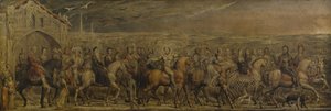 Sir Jeffrey Chaucer (c.1342-1400) e os Nove e Vinte Peregrinos na sua Viagem a Cantuária (têmpera sobre tela) de William Blake