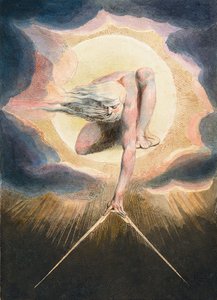 The Ancient of Days - Urizen medindo o mundo material - Urizen medindo o mundo material. Ilustração do frontispício do livro "Europa". À Profecia". Desenho de William Blake (1757-1827) de William Blake