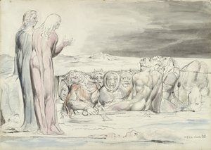O Círculo de Traidores: Alberti Brothers, ilustração à Divina Comédia de Dante Alighieri, 1824-27 (caneta e tinta com wc sobre lápis e giz sobre papel) de William Blake